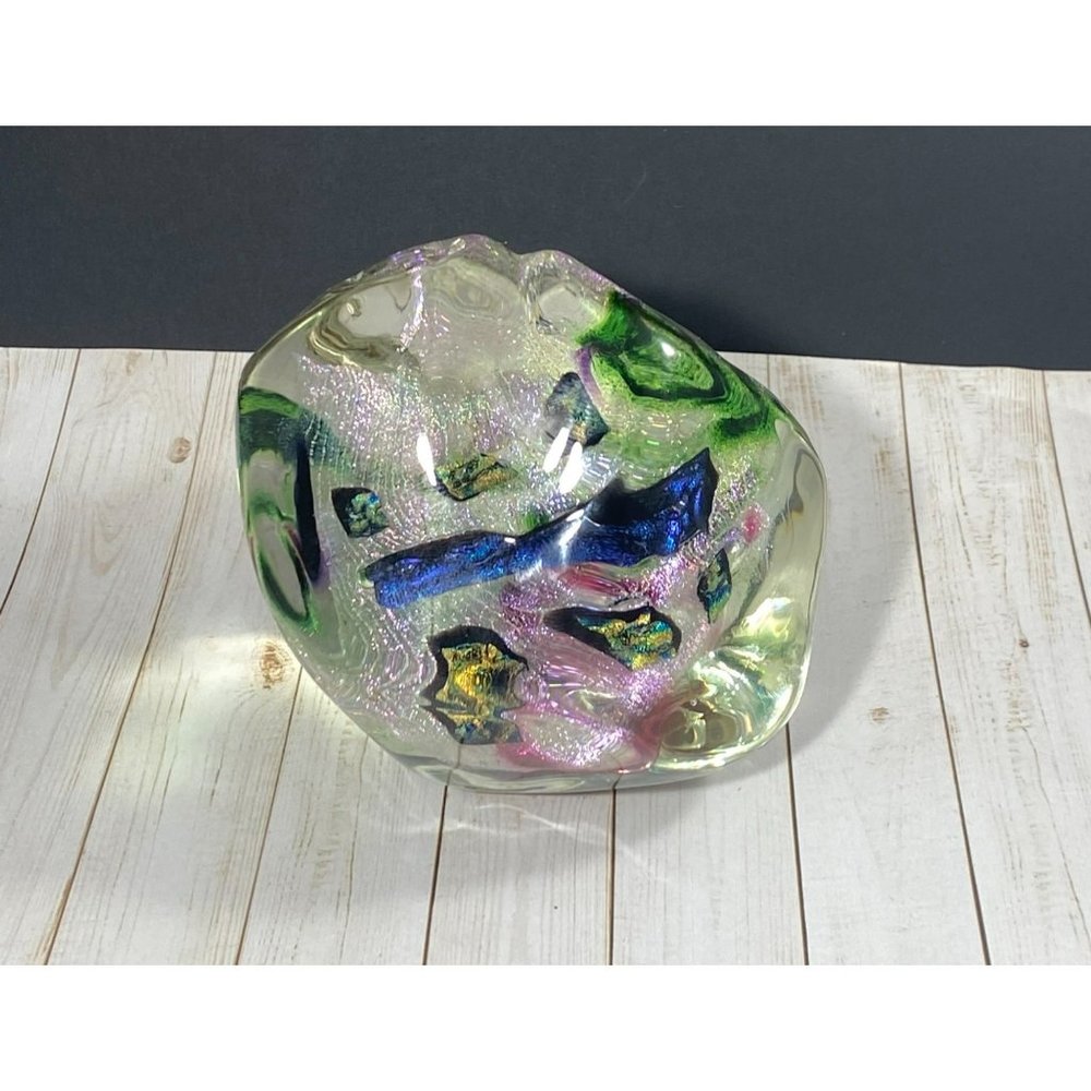 Timothy E Landers Dichroic Glass "Moon Rock" Paperweight 3.5x4 inches Bubbles